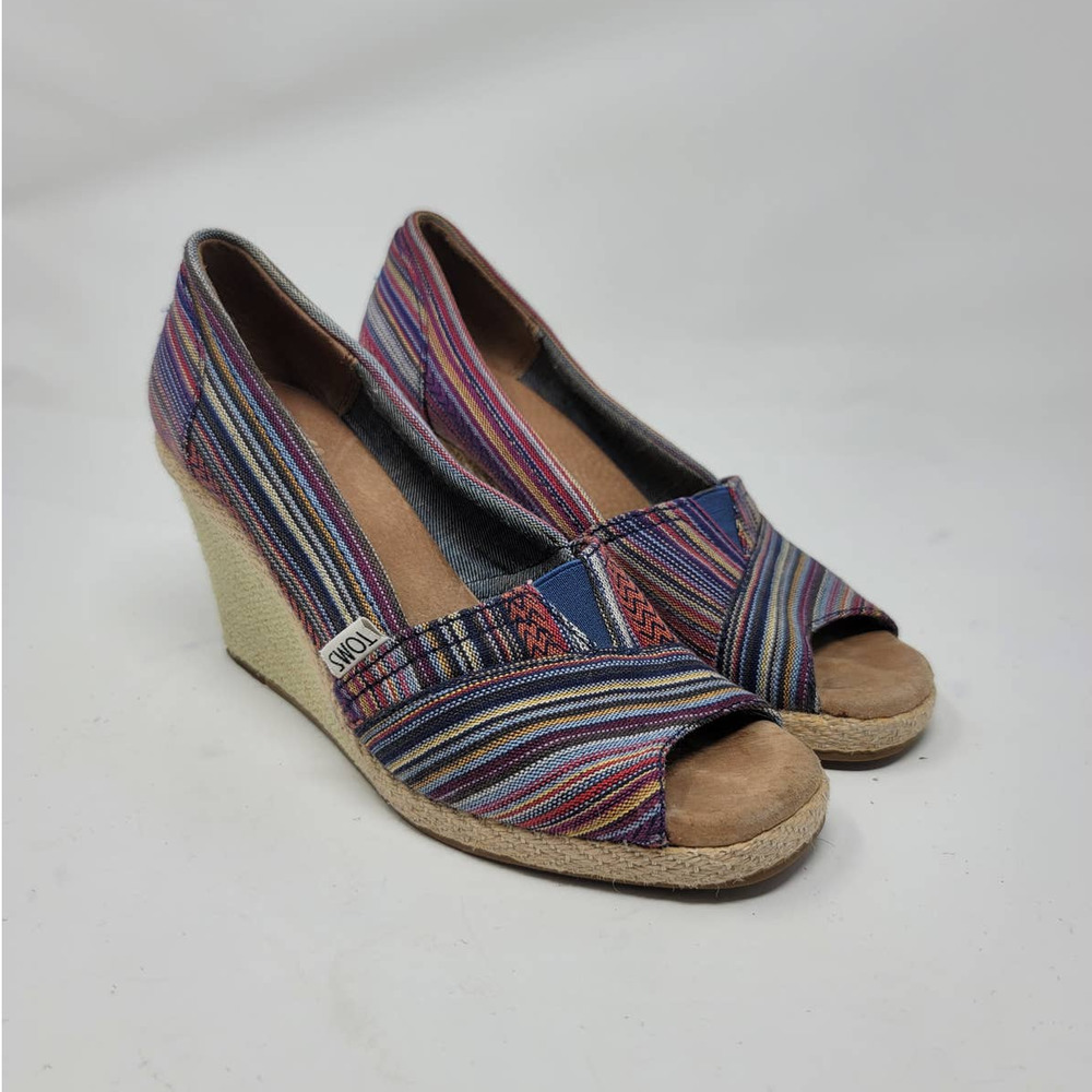 Toms Stella Wedge Size 6W Peep Toe Slip On Espadrille Sandals Canvas Striped